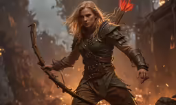 a woman in full armor holding two spears and a bow