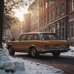 a car parked on a snowy street with buildings in the background