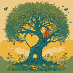 a boy sitting on a tree while looking into the distance,a poster of a person sitting in the tree