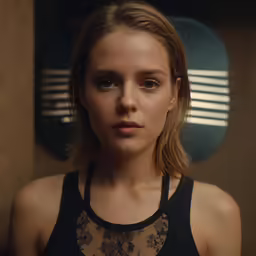 a woman standing in front of a mirror wearing a bra and black tank top