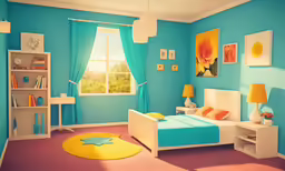 a bedroom with blue walls and white furniture