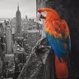 a colorful bird is perched on the ledge of a building