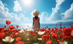 a woman in white dress and hat looking at water from red flower field