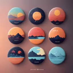 nine button designs featuring mountains and water,a set of nine button badges that have the mountains and sun
