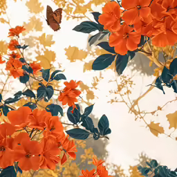 a butterfly flies next to some flowers that are yellow and red