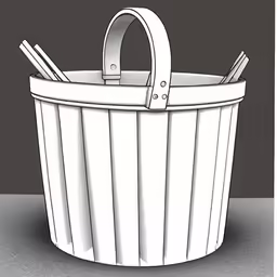 a white bucket full of brushes on the floor