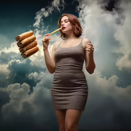 woman in grey dress holding a cigarette and looking at a giant bunch of hotdogs