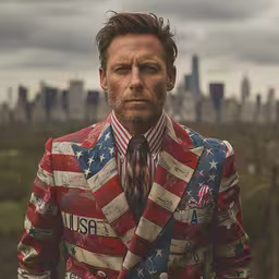 man with an american flag jacket and tie on,the man with the flag suit jacket is dressed in all american colors