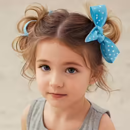the little girl in the gray top has a blue bow on her head