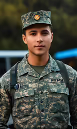 a young man dressed in camo uniform and holding a book bag