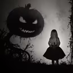 a person standing on a hill in front of an evil pumpkin