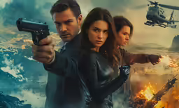 a group of people pointing guns at each other