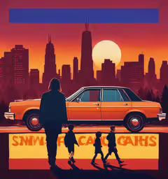 a picture of an orange car with kids walking down the street,a painting of a person and two kids walking on the sidewalk