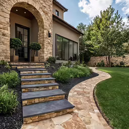 an exterior stone driveway with a curved walkway leads to the entry to a luxury residence