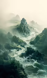 a stream of water near mountains in the fog