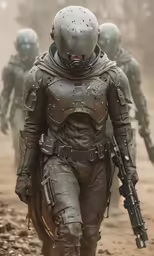 a group of soldiers walk down a dirt path