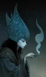 a woman smoking while wearing a hat