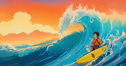 a painting of a boy riding a surfboard on a large wave,a boy riding a surf board on top of a giant wave