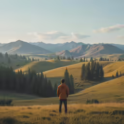 a man in a field is watching mountains
