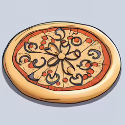 a drawing of a pizza on a light blue surface