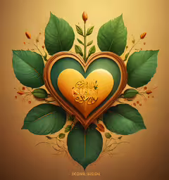 an artistic illustration of a heart with leaves and nuts,a gold heart surrounded by leaf shapes with arabic writing