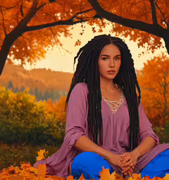 an artistic photograph of a beautiful woman with long hair in autumn colors,a woman sits on the leaves under a tree