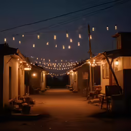 many lights are strung from the buildings and strings