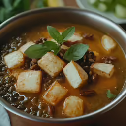 a pot filled with stew and diced nuts on top