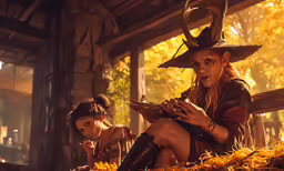 a woman in costume is reading a book