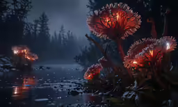 three flower lights in the dark on a body of water