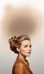 the woman with her hair in a bun is looking straight ahead