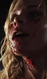 a woman covered in blood holding her face covered by something red