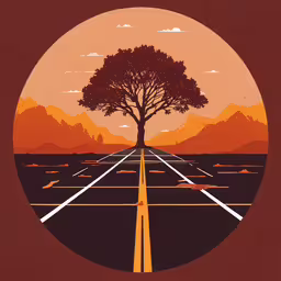 a painting of a tree is on display in an artistic circle,an image of a tree with mountains in the background