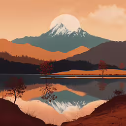 a mountain range reflecting in the water,a painting of mountains with lake and trees reflecting them