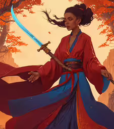 digital painting of asian woman holding a sword,a painting of a woman in chinese dress and a sword