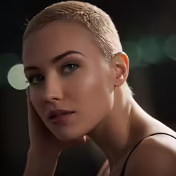woman with shaved head looking at camera with bokeh