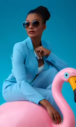 a young woman posing with a large flamingo