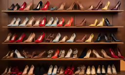 a wall shelf filled with lots of different pairs of shoes