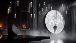 a man standing in front of an evil looking mirror