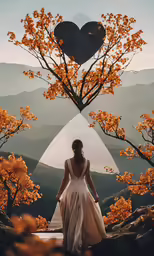 a woman wearing a dress walking towards a mirror image with orange tree