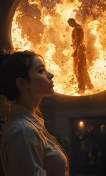 a woman in an uniform looks at a fire - filled space