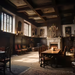 an old fashioned country style dining room with a fireplace