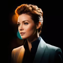 the model with red hair has blue eyes and wears a black jacket