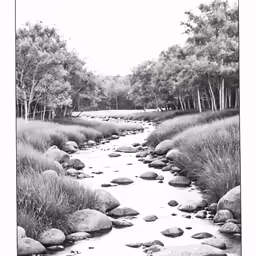 a river runs through a grass field surrounded by trees
