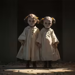 two dolls with matching dresses standing near each other