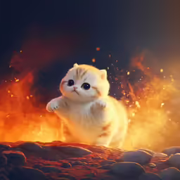 a kitten standing up in front of a fire