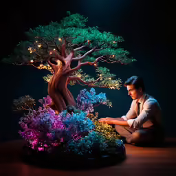 a man is working on his laptop near some bonsai trees