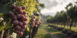 grapes on the vine in a vineyard at sunset