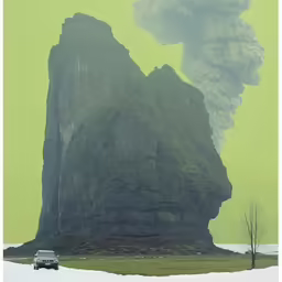 the giant hill has a very large column of smoke coming out of it