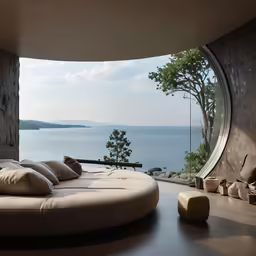 the circular bed is in front of the window
